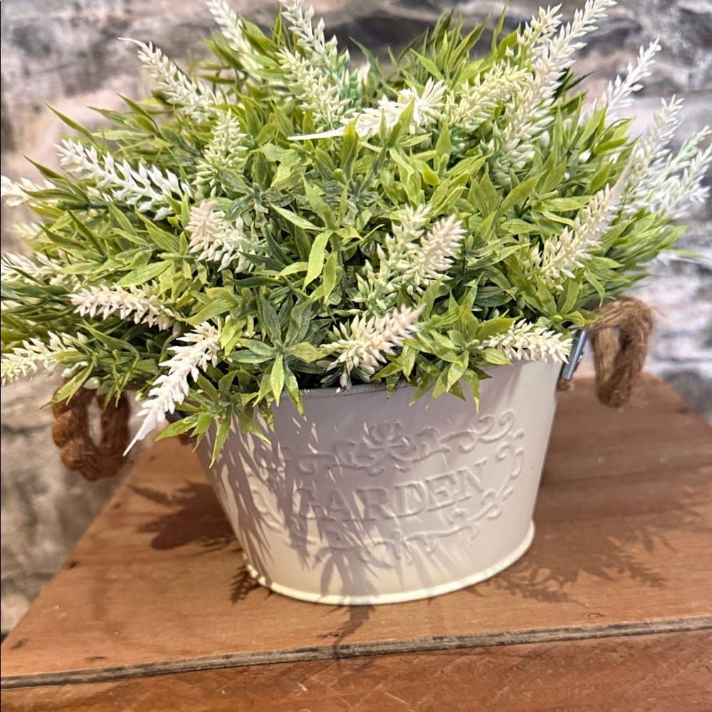 Rustic Cream Planter with Green Faux Foliage - Picture 1 of 8